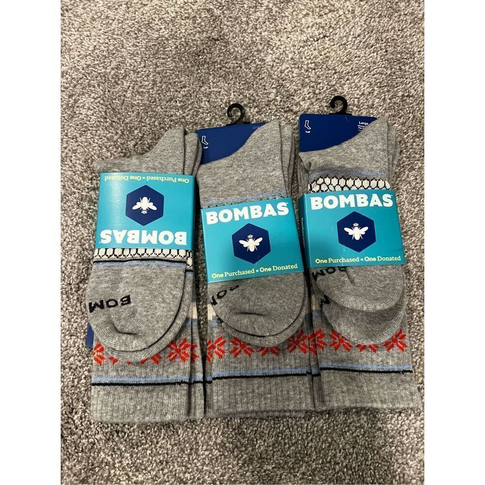 Bombas Unisex Gray Fair Isle Calf Socks Set of 3 Large Women/Men’s NWOT